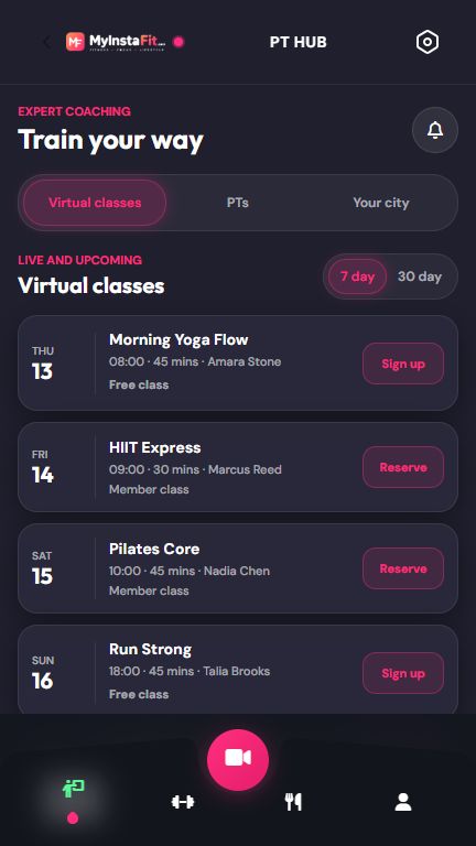 Seven-day virtual fitness class schedule